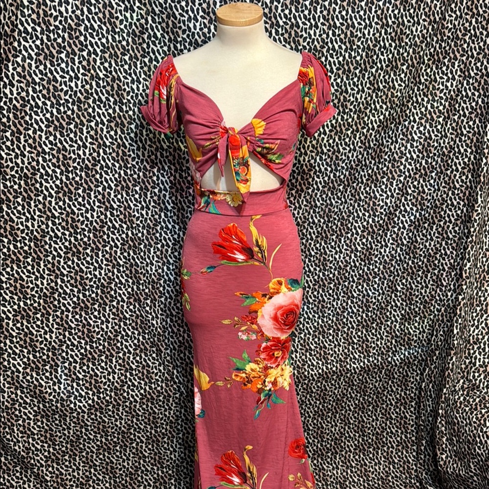 Pink and Orange Tie Front Bodycon Dress with Puff Cap Sleeves